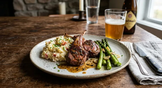 Lamb Chops on Lobster Mashed Potatoes with Green Asparagus and Belgian Beer