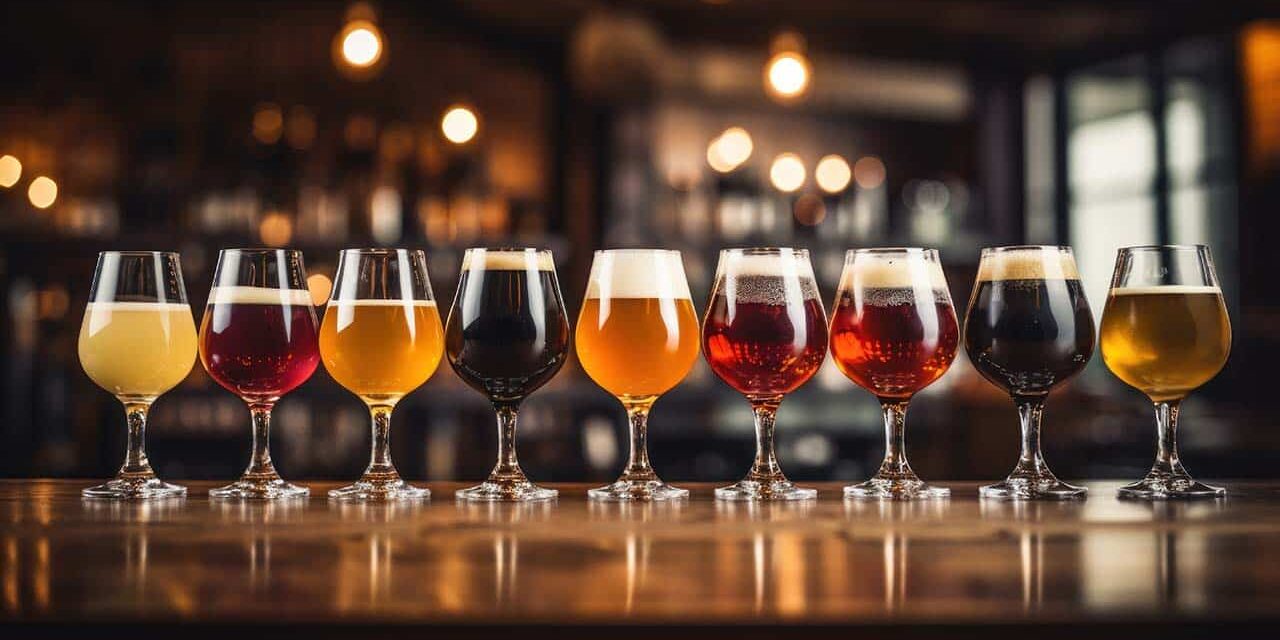 Lineup of craft beers stands against blurred bar backdrop. Belgian beers