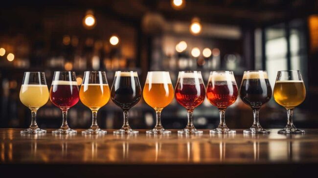 Lineup of craft beers stands against blurred bar backdrop. Belgian beers