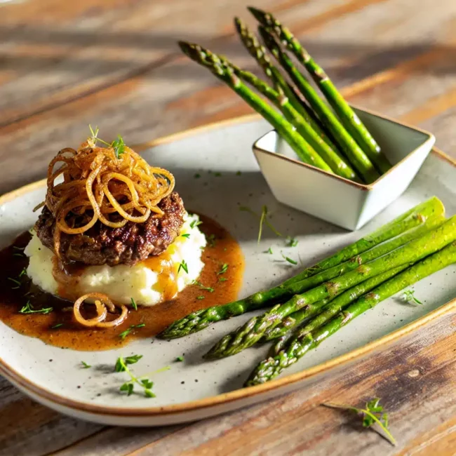 hamburger steaks topped with finely sliced caramelized onion sauce, served with a side of creamy mashed potatoes hamburger steaks topped with finely sliced caramelized onion sauce, served with a side of creamy mashed potatoes