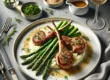 lamb chops served on a bed of creamy mashed potatoes, accompanied by green asparagus spears