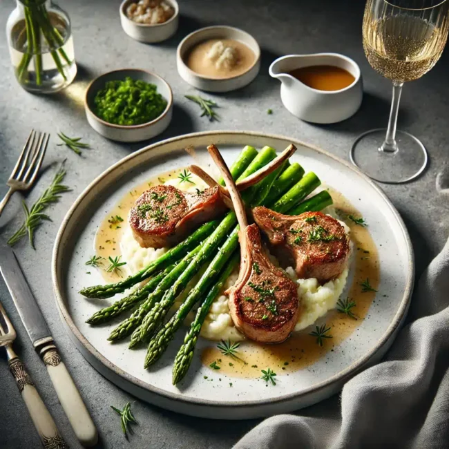 lamb chops served on a bed of creamy mashed potatoes, accompanied by green asparagus spears lamb chops served on a bed of creamy mashed potatoes, accompanied by green asparagus spears