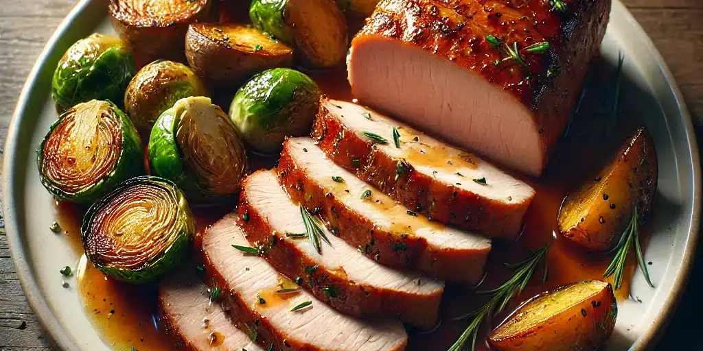 roasted pork tenderloin glazed with orange rosemary sauce, sliced into slightly uneven, torn pieces roasted pork tenderloin glazed with orange rosemary sauce, sliced into slightly uneven, torn pieces
