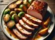 roasted pork tenderloin glazed with orange rosemary sauce, sliced into slightly uneven, torn pieces