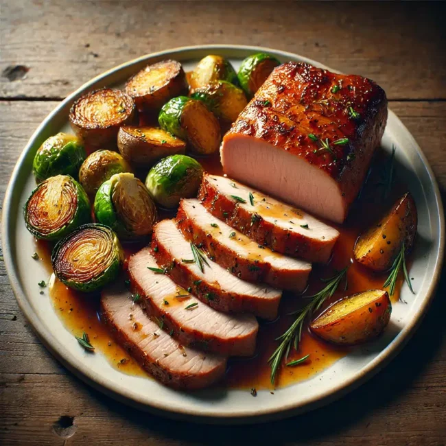roasted pork tenderloin glazed with orange rosemary sauce, sliced into slightly uneven, torn pieces roasted pork tenderloin glazed with orange rosemary sauce, sliced into slightly uneven, torn pieces