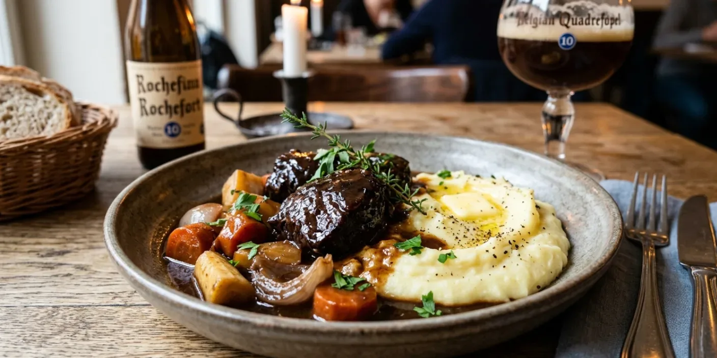Belgian Quadrupel Braised Beef with Root Vegetables and Buttery Potato Mash