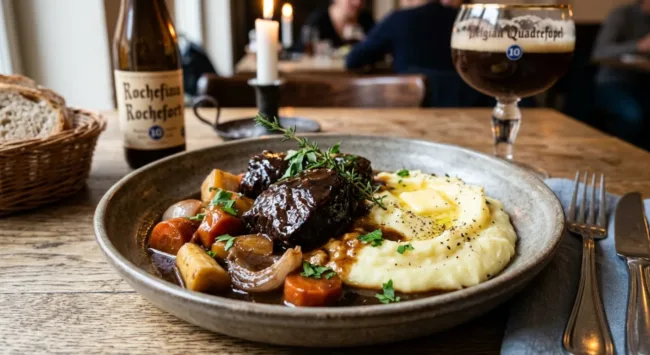Belgian Quadrupel Braised Beef with Root Vegetables and Buttery Potato Mash