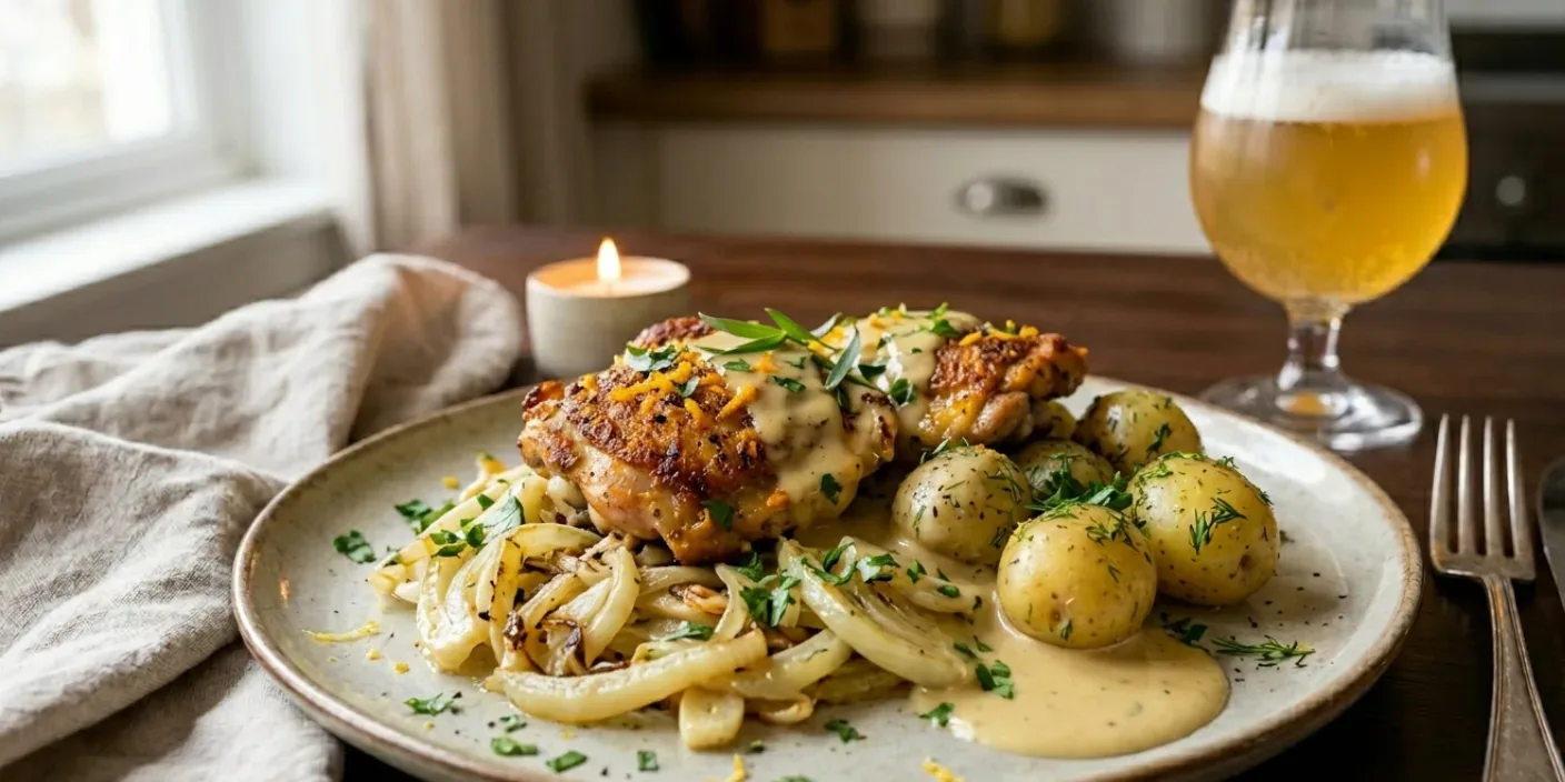 Belgian Witbier Chicken with Sautéed Fennel and Buttered New Potatoes Belgian Witbier Chicken with Sautéed Fennel and Buttered New Potatoes