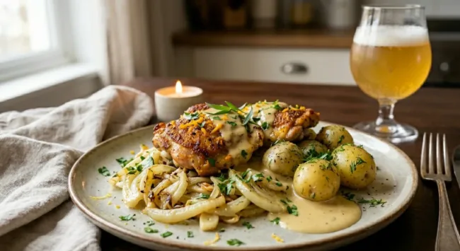 Belgian Witbier Chicken with Sautéed Fennel and Buttered New Potatoes