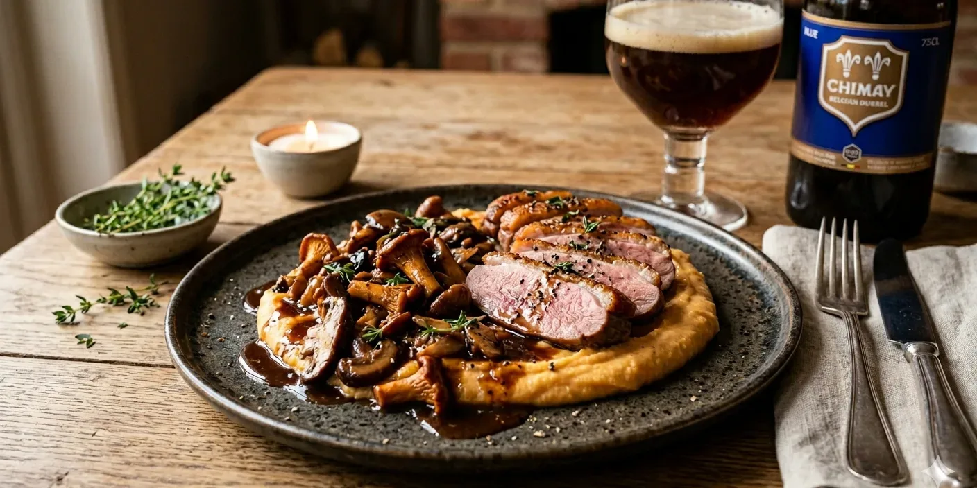 Crispy Duck Breast with Wild Mushrooms, Sweet Potato Purée and Belgian Dubbel Jus