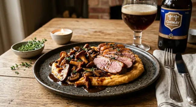 Crispy Duck Breast with Wild Mushrooms, Sweet Potato Purée and Belgian Dubbel Jus
