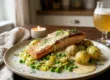 Salmon with Belgian Saison Cream Sauce, Leeks & Peas