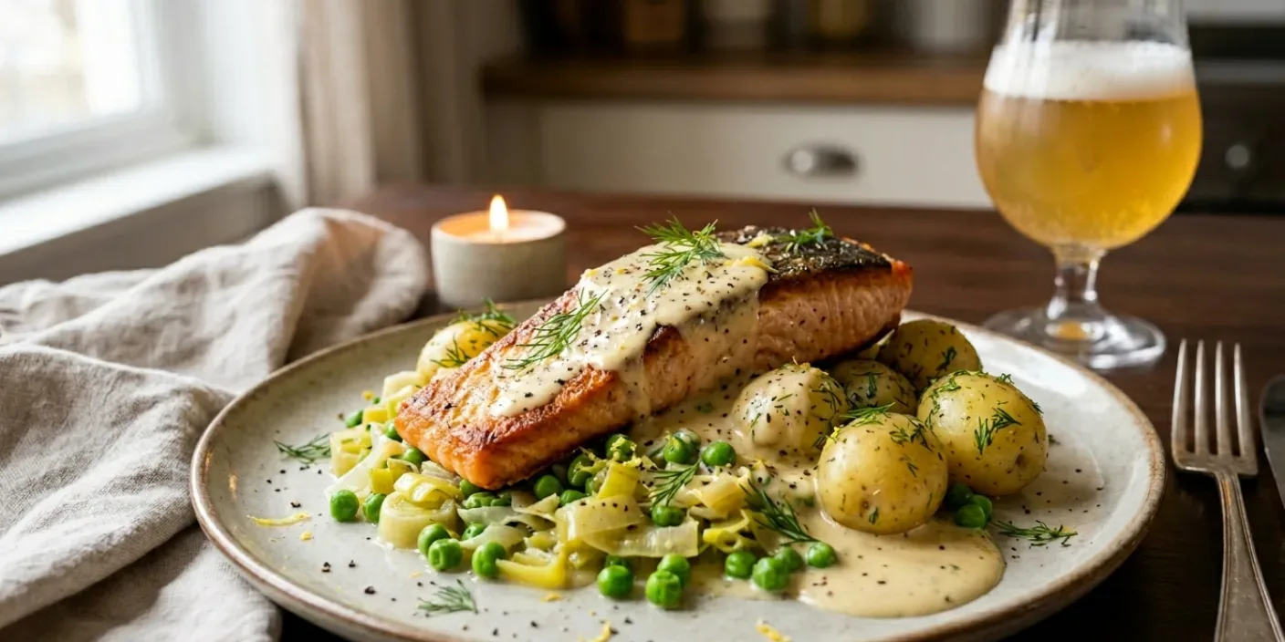 Salmon with Belgian Saison Cream Sauce, Leeks & Peas