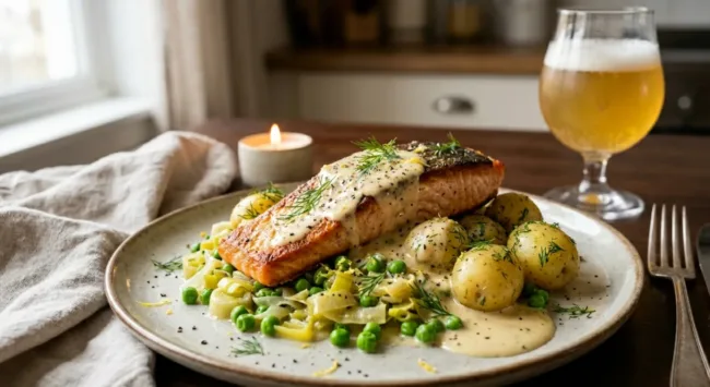 Salmon with Belgian Saison Cream Sauce, Leeks & Peas